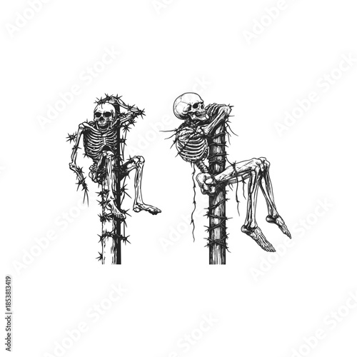 Vintage hand-drawn illustration featuring two skeletons painfully climbing wooden poles tightly wrapped in sharp barbed wire.