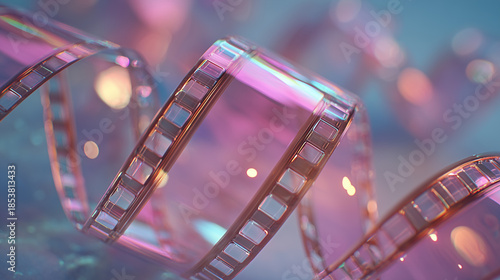 Futuristic composition of transparent glass ribbons with rainbow light and soft defocused background.
