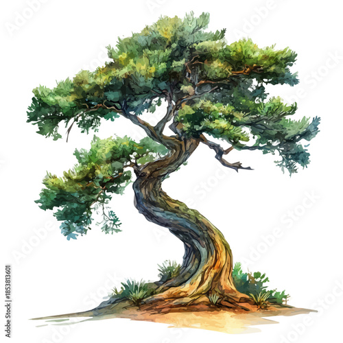 Cypress Pine Tree, artistic semi-realistic fantasy style, soft glow effects, watercolor illustration, white background
