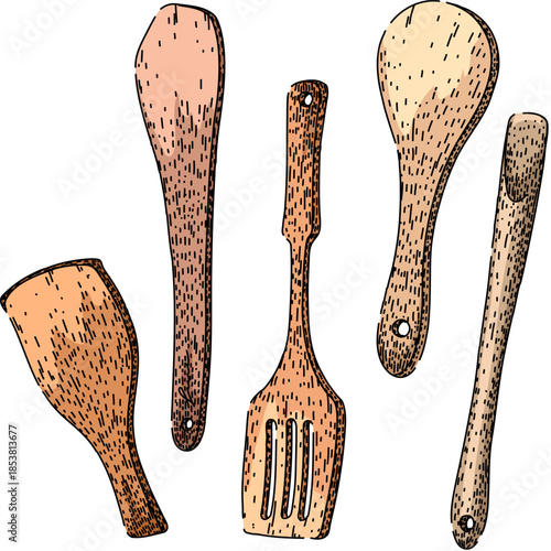 Assortment of wooden kitchen utensils, including spatulas and spoons, rendered in a hand drawn etched style, representing cooking, food preparation, and kitchen essentials on a white background