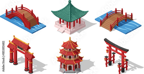 Set of Isometric Traditional East Asian Architecture Elements Including Pagoda Temple Gate Torii and Red Wooden Bridges over Blue Water