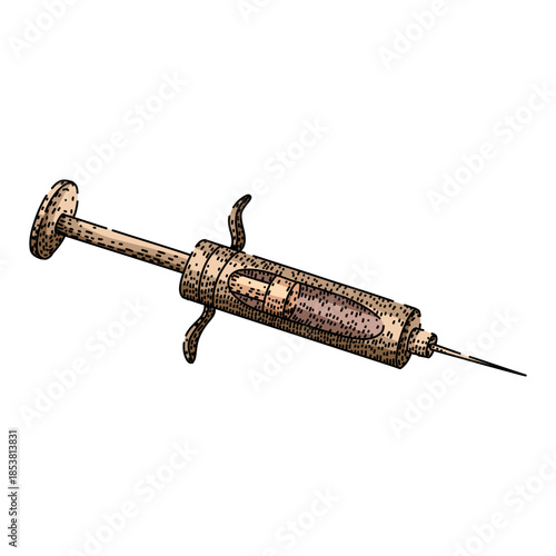 Vintage medical syringe, an old device, illustrating historical healthcare tools, vaccination, and medicine, symbolizing classic procedures and pharmaceutical equipment