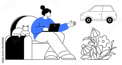 Lifestyle, technology, remote work, home comfort, leisure, hobbies. A woman using a tablet sits on a couch with a cat, car illustration and flowers nearby. Lifestyle and technology focus