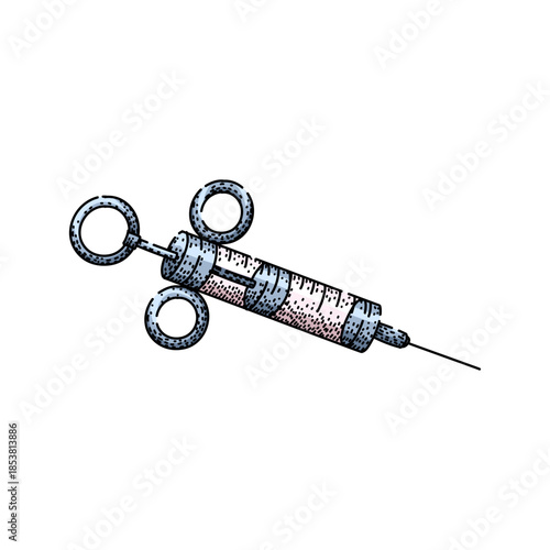 Vintage medical syringe with needle illustration detailing an old instrument used for giving injections, symbolizing traditional healthcare, vaccination, and therapeutic procedures