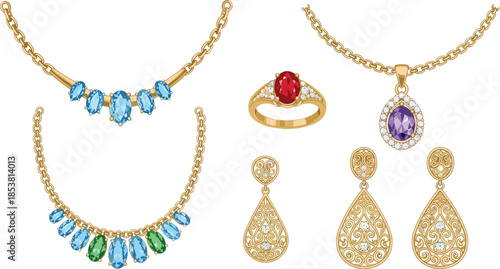 Set of luxury gold jewelry featuring necklaces with blue and green gemstones, a ruby ring, purple pendant, and ornate filigree drop earrings, vector.