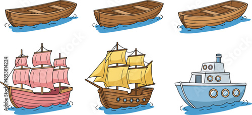 Set of nautical transport illustrations including wooden rowboats, vintage sailing ships with masts, and a modern motorboat on ocean waves.