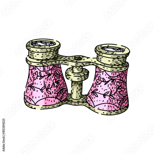 Opera glasses presenting a detailed illustration with ornate pink floral patterns, perfect for themes of theater, performance, and classic entertainment on a white background