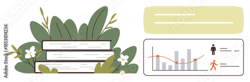 Stacked books and leafy greens next to a chart with graphs and icons. Ideal for education, analytics, growth, research, knowledge, ecology, and innovation. Simple flat metaphor