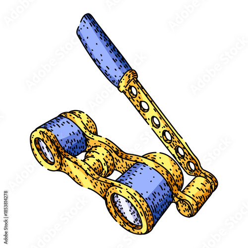 Vintage style opera glasses featuring a golden body with blue accents and a handle, representing an elegant tool for audience members enjoying a performance, concert, or show