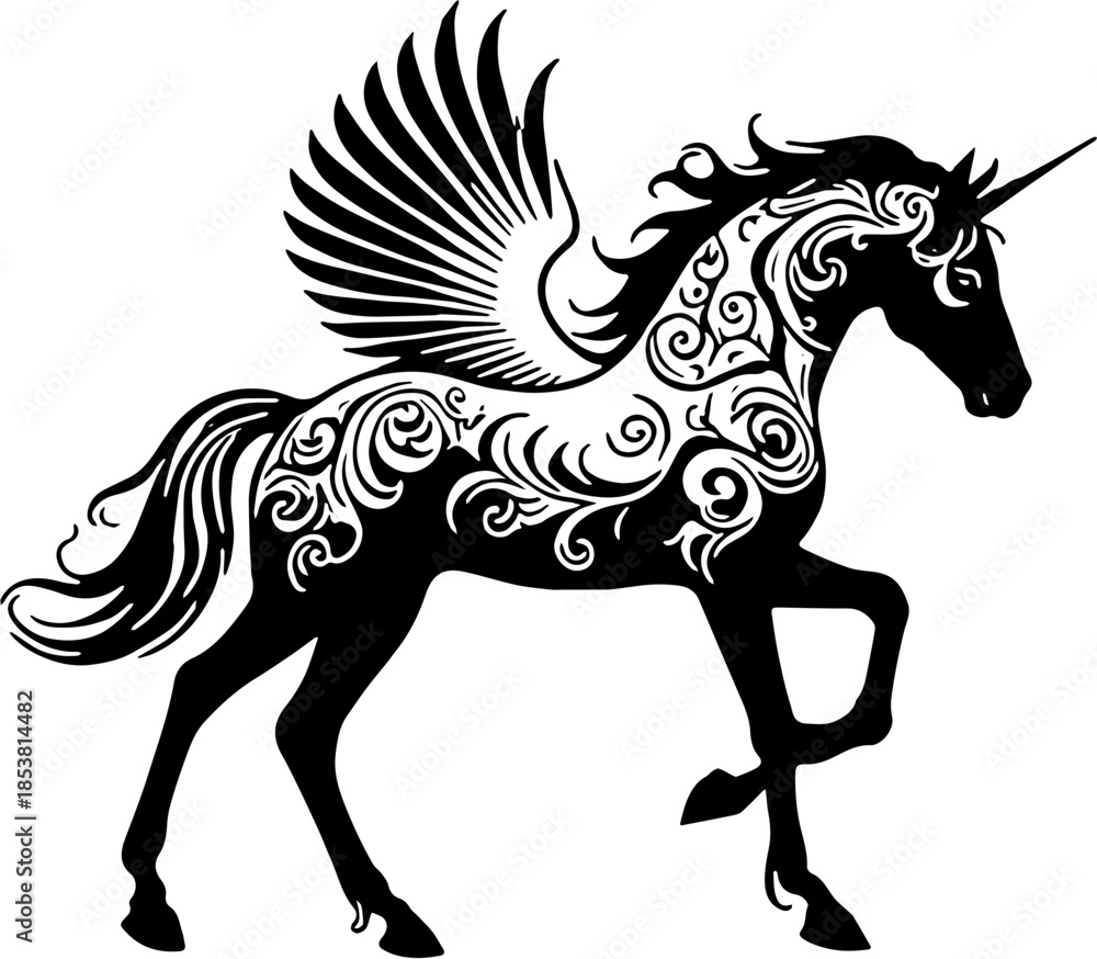 Fototapeta premium Fantasy Horse Black and White Vector SVG