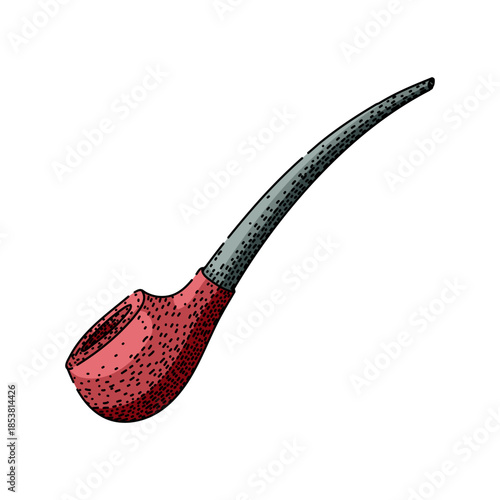 Curved smoking pipe featuring a textured pink bowl and long grey stem, presenting a vintage style vector illustration against a plain white background
