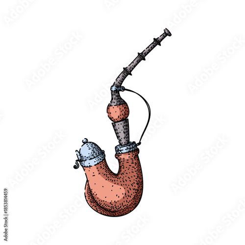 Hand drawn old fashioned tobacco pipe, featuring a distinctive bowl with a hinged cap and a long stem, depicting a classic smoking accessory and leisure activity