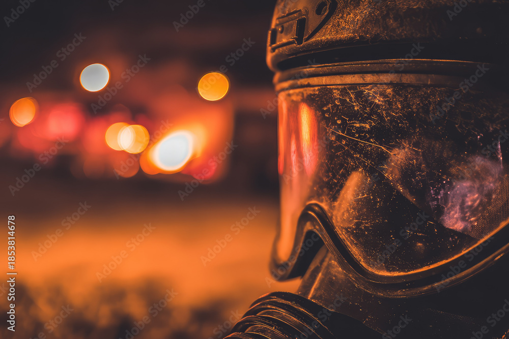 Obraz premium Intense combat soldier wearing tactical suit and protective biohazard gas mask looking at devastation with serious expression in dark night war zone illuminated by orange fire bokeh lights