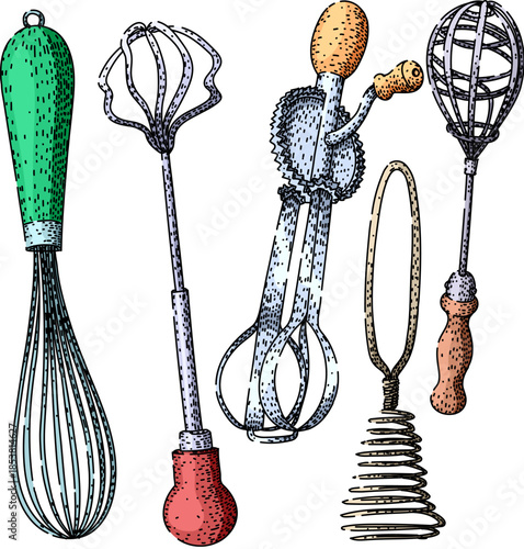 Various kitchen whisks and rotary beaters arranged on white background, showing manual and electric baking tools and utensils for mixing, whisking, and food preparation