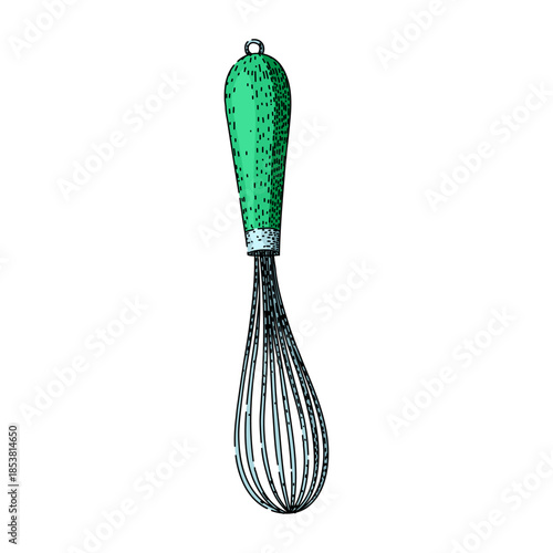 Whisk with a green handle and metal loops, depicting a kitchen utensil used for mixing, whipping, and stirring food ingredients during meal preparation and sweet baking