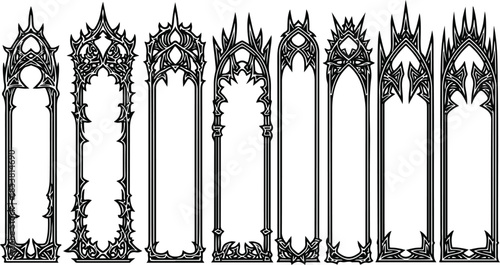 Gothic game frame set, fantasy medieval border, gothic style halloween frames with black spiky outlines, gothic game frame collection set vector, spike gothic frame collection