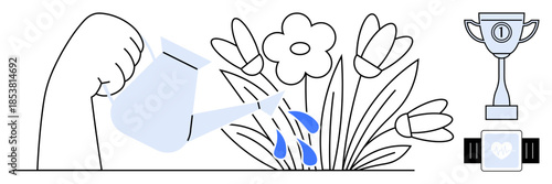 Growth concept. Growth ed by watering flowers for nurturing development and blooming results. Growth tied to achieving success and personal accomplishments. For motivation, potential, success