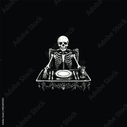 Vintage hand-drawn illustration of a lonely skeleton sitting patiently at a formal dining table with a plate