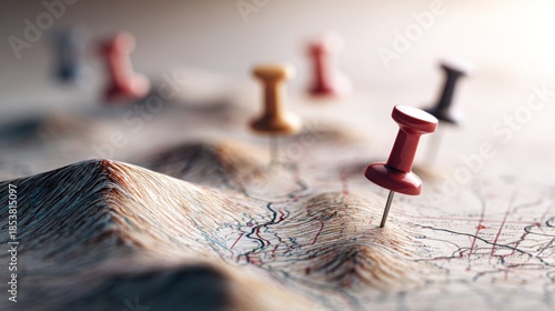 Close up of map with pins indicating location travel and destination concepts