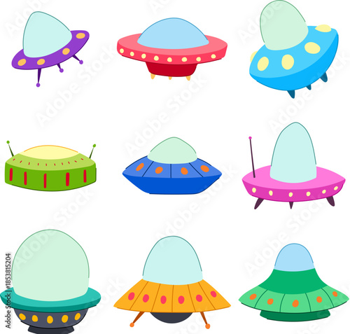 Various colorful flying saucers representing different extraterrestrial spacecraft designs, creating a fun collection of ufos for fantasy, science fiction, and children s content