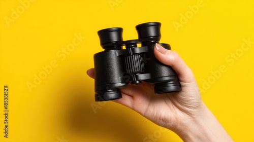 Person holding black binoculars against a vibrant yellow background