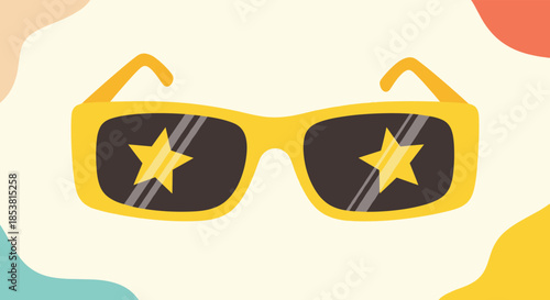 Stylish yellow sunglasses with star reflections in the lenses create a cool and trendy vibe against a colorful abstract background.