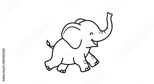 A simple and charming black outline drawing of a happy baby elephant walking with its trunk up for a coloring book or nursery design.