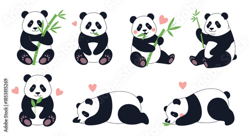 Adorable collection of cute cartoon panda bears in various poses such as eating bamboo and sleeping isolated on a white background.