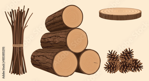 A rustic collection of wooden elements including a pile of logs a bundle of sticks and pinecones isolated on a beige background.