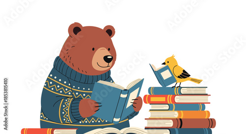 A charming illustration of a cozy bear in a sweater and a little bird reading books together isolated on a white background.