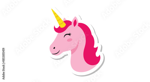 A cute and magical pink unicorn head with a golden horn and a sweet smiling expression in a simple sticker-style illustration.