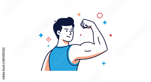 A strong and healthy young man flexing his bicep muscle in a simple and clean line art illustration showing power and fitness.