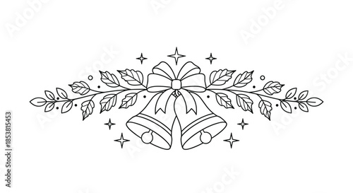 An elegant black and white line art decoration of two Christmas bells with a large bow and leaves for festive holiday designs.