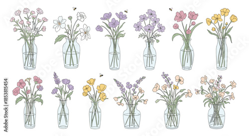 A charming collection of twelve different bouquets of wildflowers in clear glass vases and bottles in a delicate hand-drawn style.