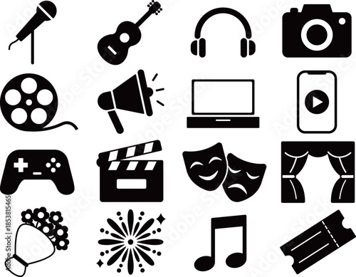 エンターテインメントのアイコン16種セット　モノトーン