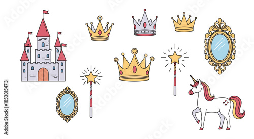 A fairytale collection of princess-themed items including a castle crowns magic wands a unicorn and ornate mirrors in a simple outline.