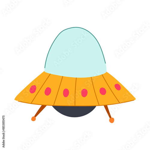 Flying saucer illustration with a light blue dome and orange base featuring pink lights, symbolizing extraterrestrial life, futuristic technology, and space exploration