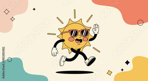 A fun and groovy retro cartoon sun character with sunglasses and limbs running happily against a colorful abstract background shape.