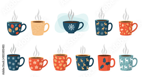 A cozy collection of ten steaming winter mugs with various festive patterns including snowflakes reindeer and leaves for holiday drinks.