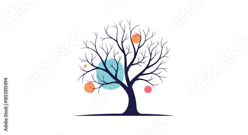 A modern and abstract illustration of a bare tree with colorful circles representing the four seasons or creative ideas for a logo.