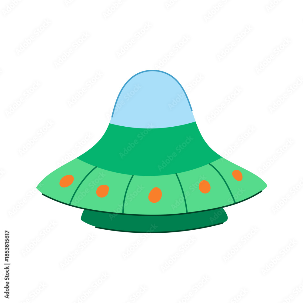 Fototapeta premium Green alien spaceship illustration with a blue dome and orange lights, flying through the universe representing extraterrestrial exploration and futuristic technology