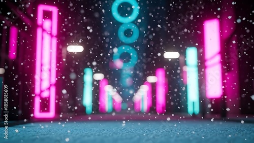 Vibrant neon bars glowing in snowy night scene with dynamic lights