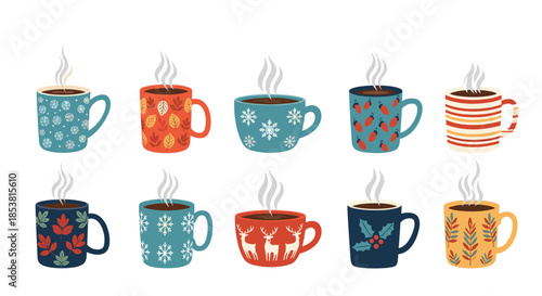 A charming collection of ten cozy winter and autumn themed mugs filled with hot drinks steaming on a clean white background for the holidays.