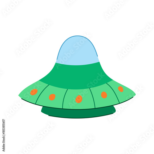 Green alien spaceship illustration with a blue dome and orange lights, flying through the universe representing extraterrestrial exploration and futuristic technology