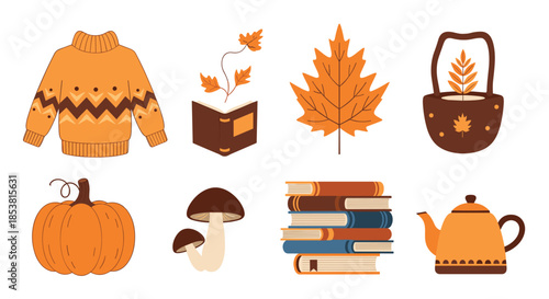 A cozy collection of autumn-themed objects including a warm sweater a pumpkin books a teapot and mushrooms in warm orange tones.