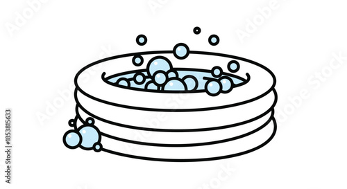 A simple black line art illustration of a round inflatable kiddie pool filled with water and lots of bubbles for summer fun.