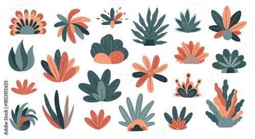 A large collection of abstract and stylized bushes plants and foliage in muted terracotta and teal colors for modern design.