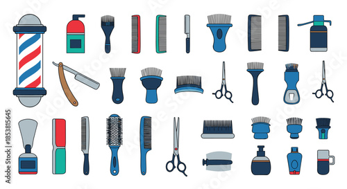 A comprehensive collection of colorful barber shop and hairdressing tools including scissors combs brushes a razor and a barber pole.