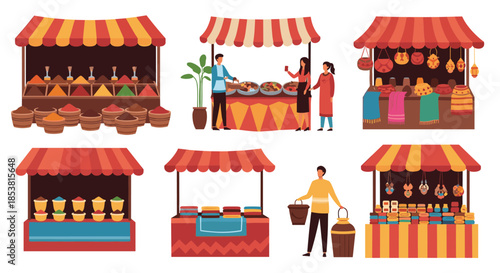 A collection of six illustrations depicting Middle Eastern or Indian market stalls selling spices textiles food and souvenirs with people shopping.