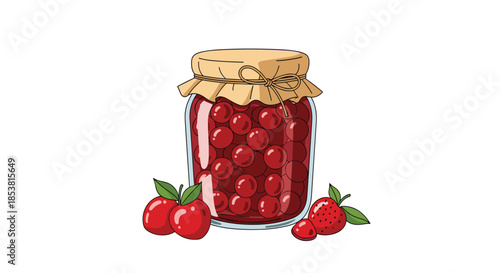 A charming illustration of a glass jar filled with homemade cherry jam or preserves with a cloth cover and fresh berries nearby.